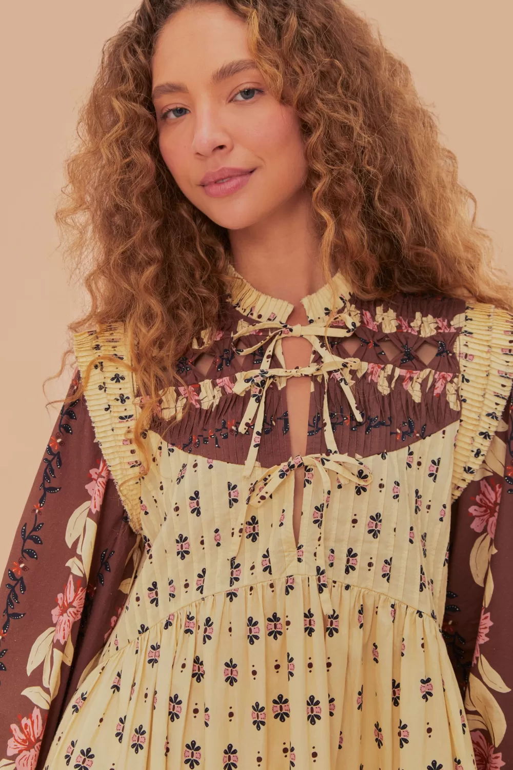 Ainika Maxi Floral Cream Open Yoke Mini Dress | FARM Rio Clearance