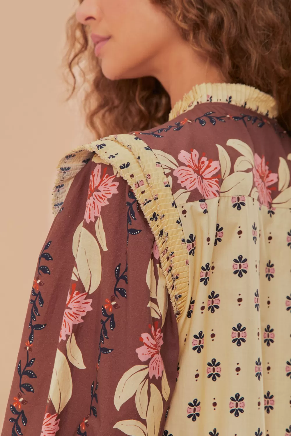 Ainika Maxi Floral Cream Open Yoke Mini Dress | FARM Rio Clearance