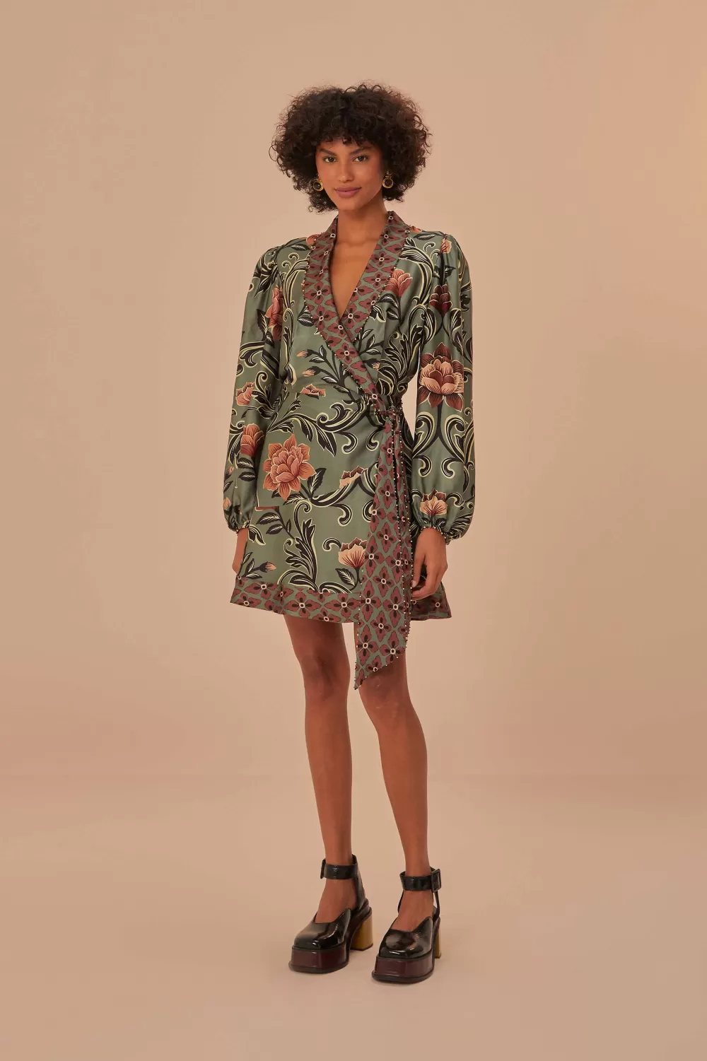 Arabesque Floral Green Long Sleeve Mini Dress | FARM Rio Cheap
