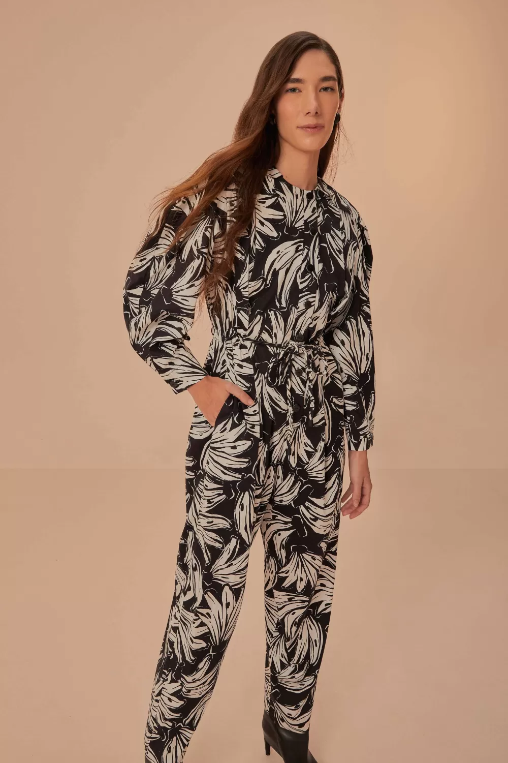 Black Bossa Banana Long Sleeve Jumpsuit | FARM Rio Flash Sale