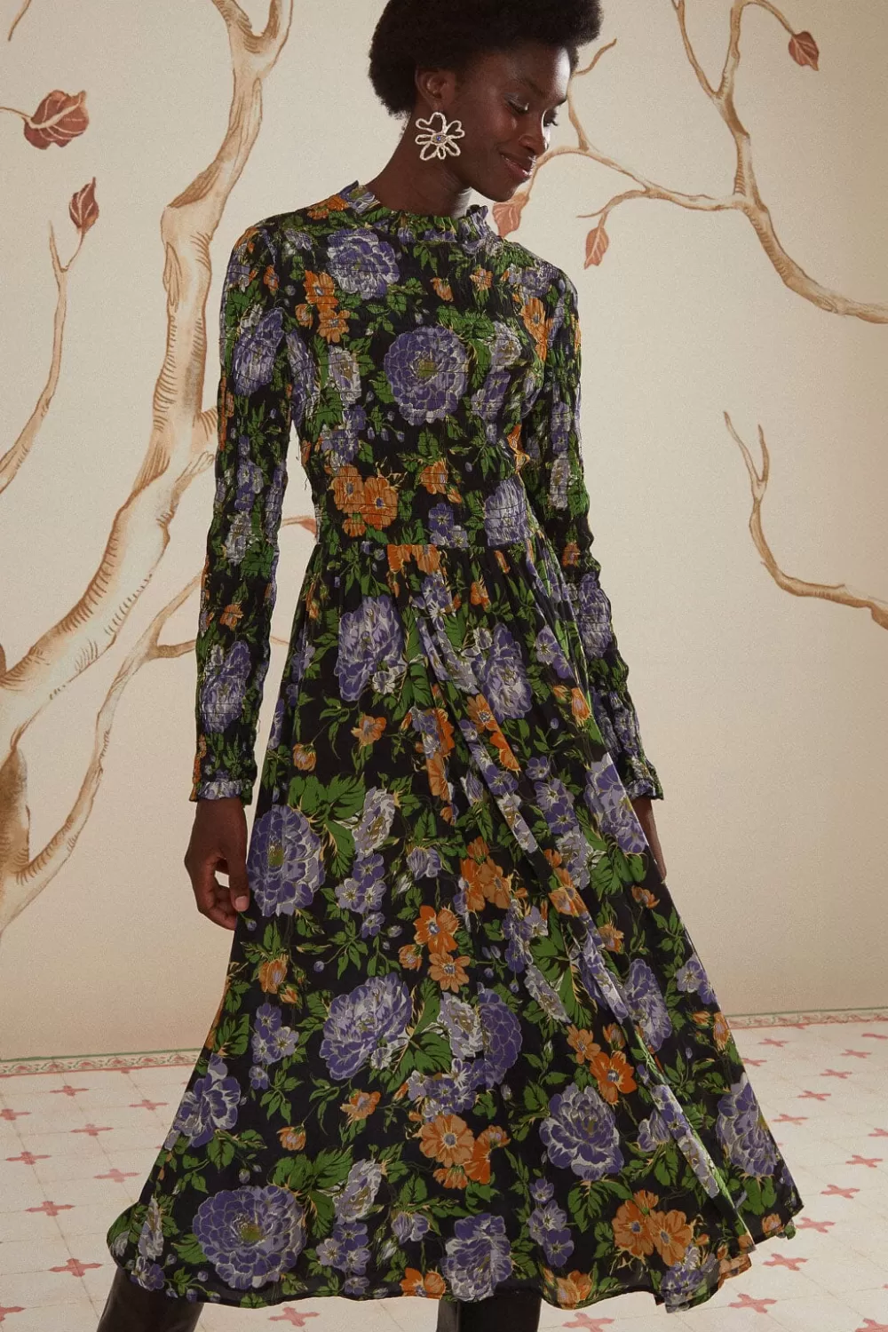 Black Capri Floral Midi Dress Long Sleeve | FARM Rio Clearance