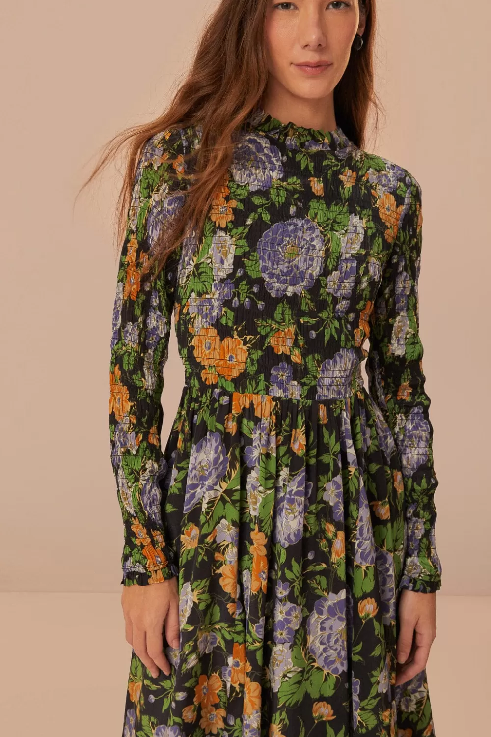 Black Capri Floral Midi Dress Long Sleeve | FARM Rio Clearance