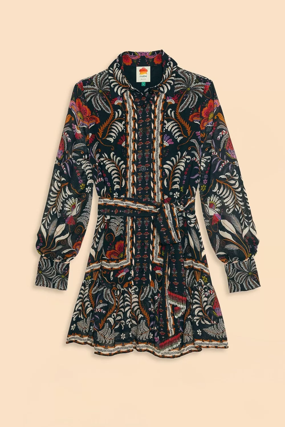 Black Classic Garden Long Sleeve Mini Dress | FARM Rio Store