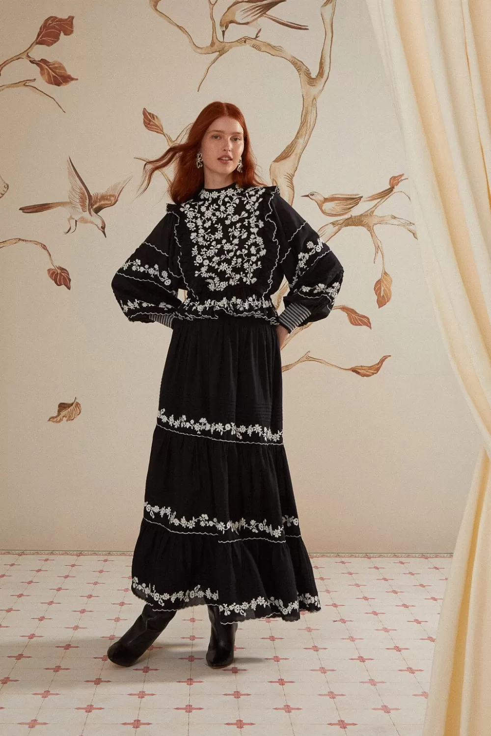 Black Embroidered Ruffle Longe Sleeve Blouse | FARM Rio Shop