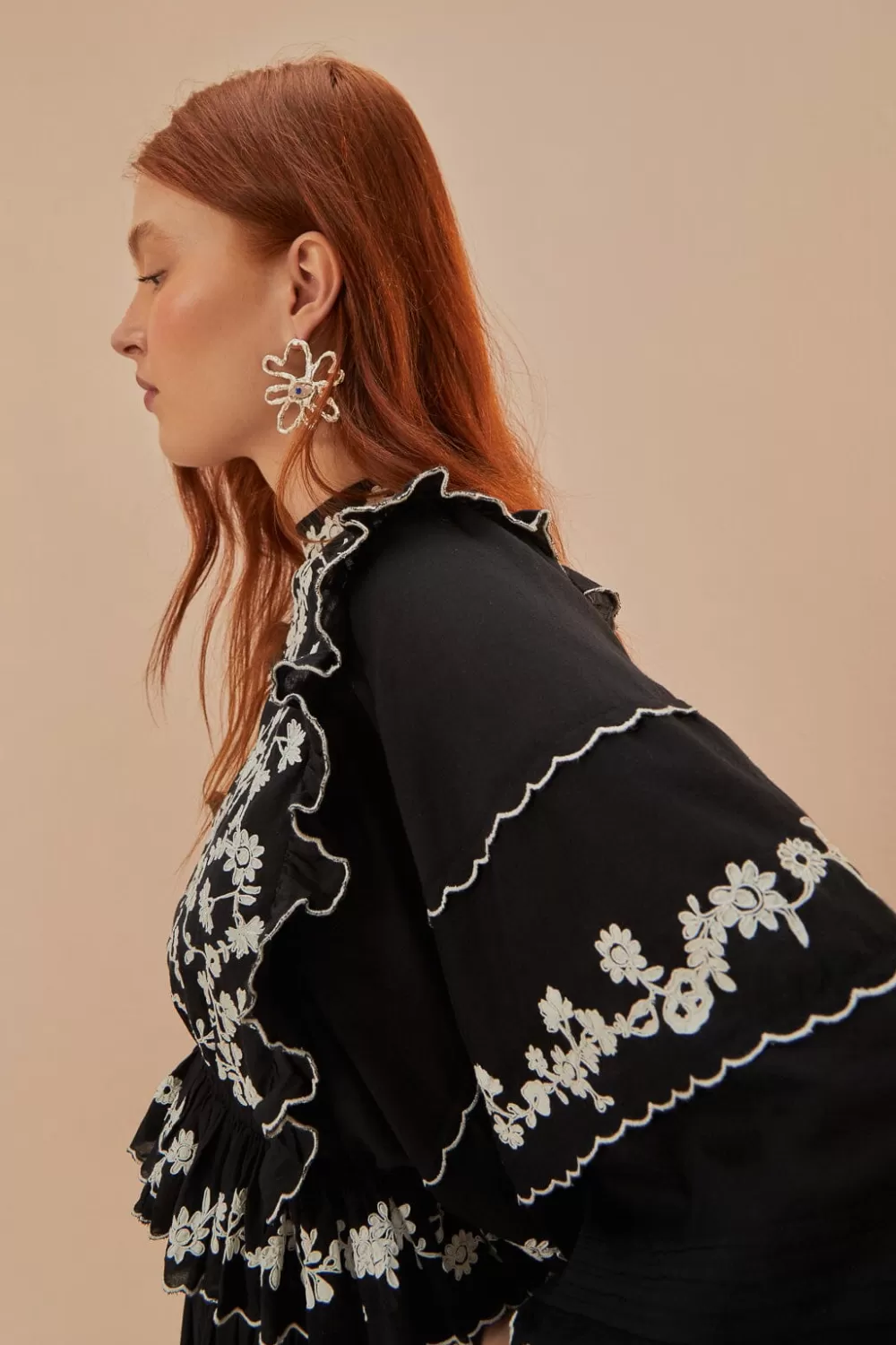 Black Embroidered Ruffle Longe Sleeve Blouse | FARM Rio Shop