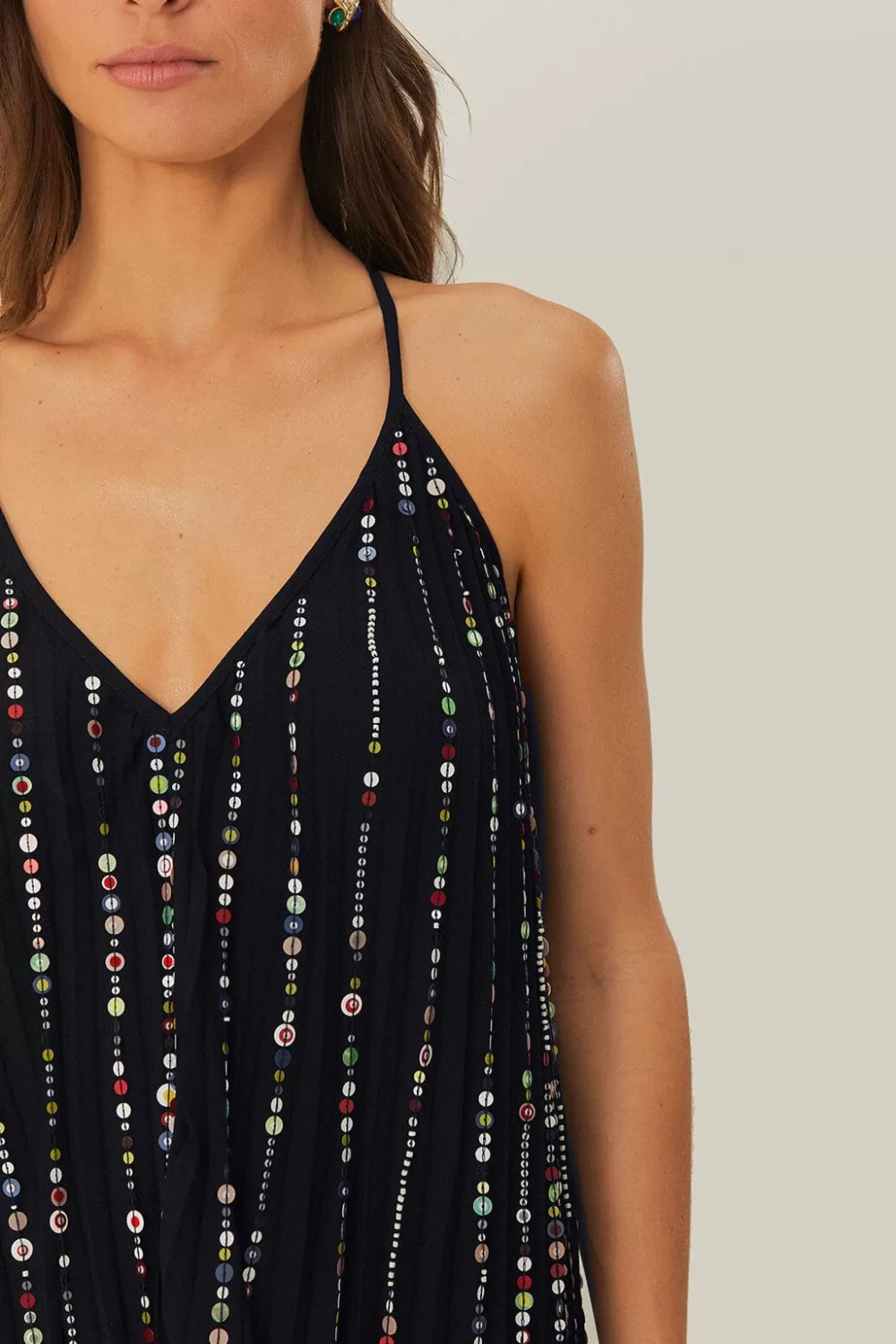 Black Embroidered Stones Pleated Midi Dress | FARM Rio Fashion