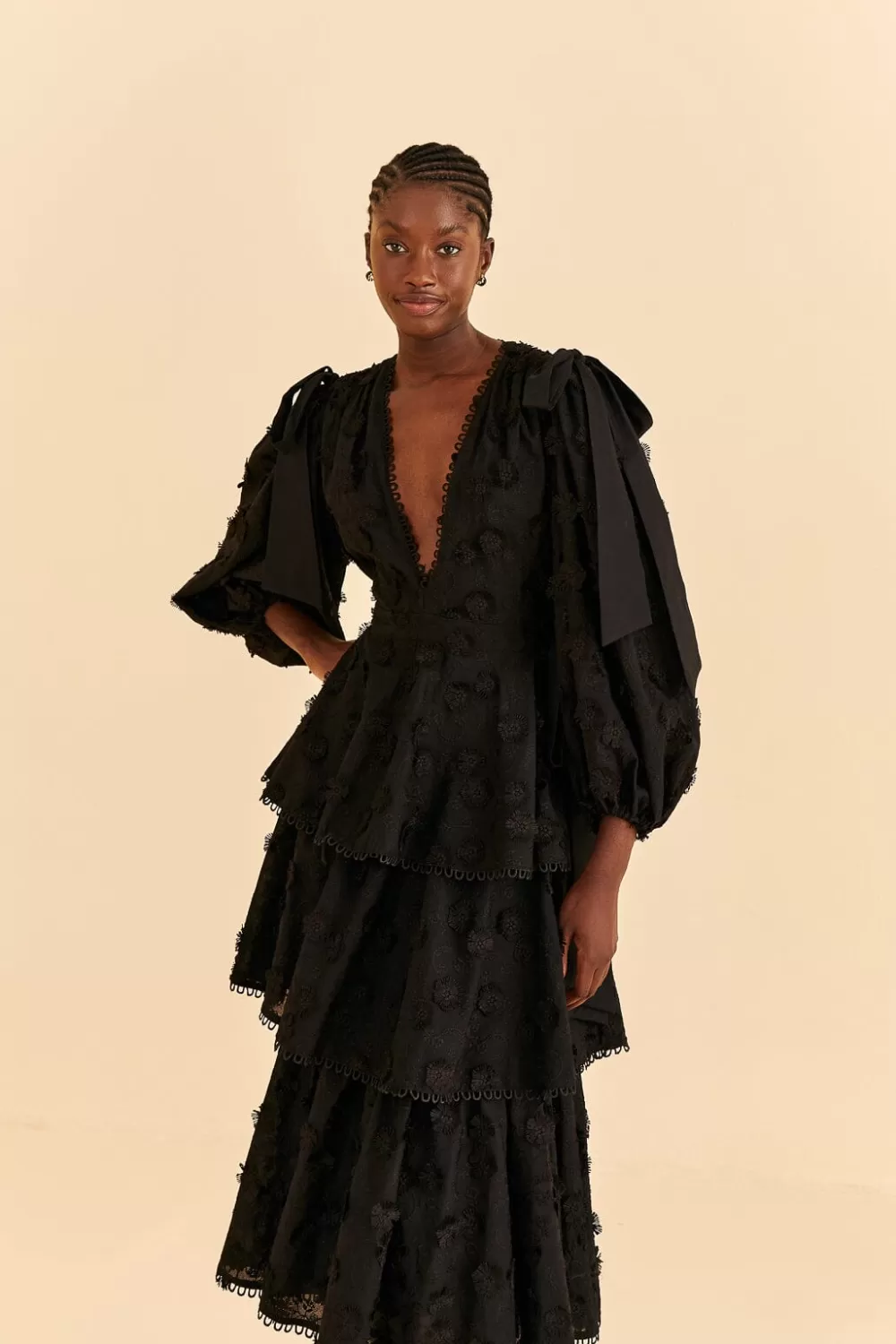 Black Flowers Textured Tiered Midi Dress | FARM Rio Hot