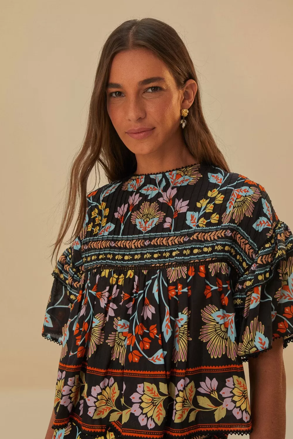 Black Flowery Ruffle Blouse | FARM Rio Cheap