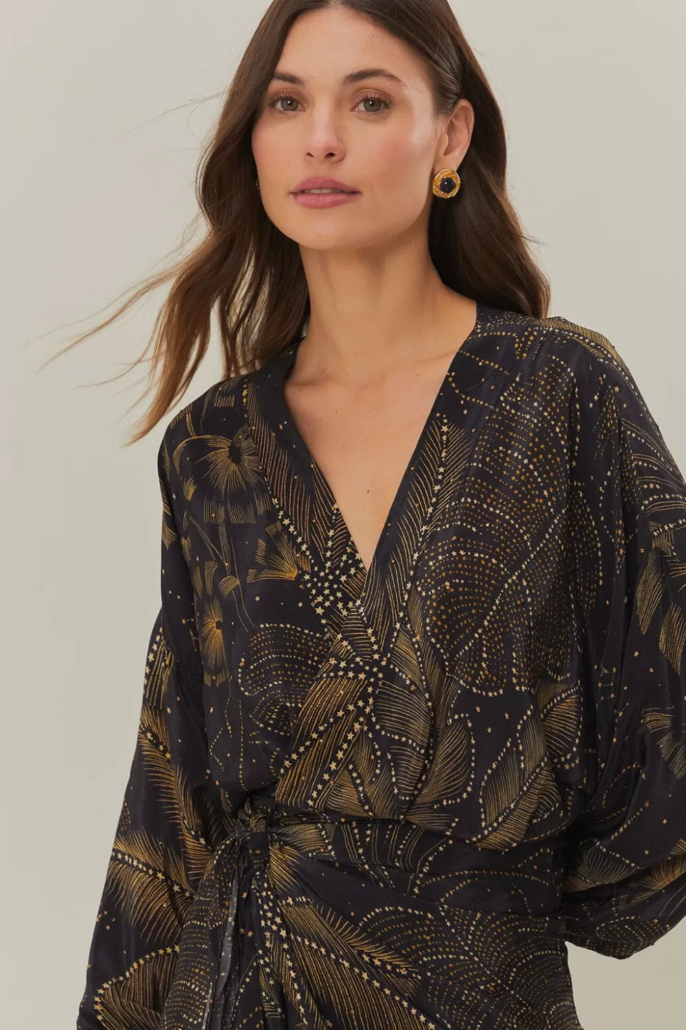 Black Golden Foliage Mini Dress Puffy Sleeve | FARM Rio Cheap