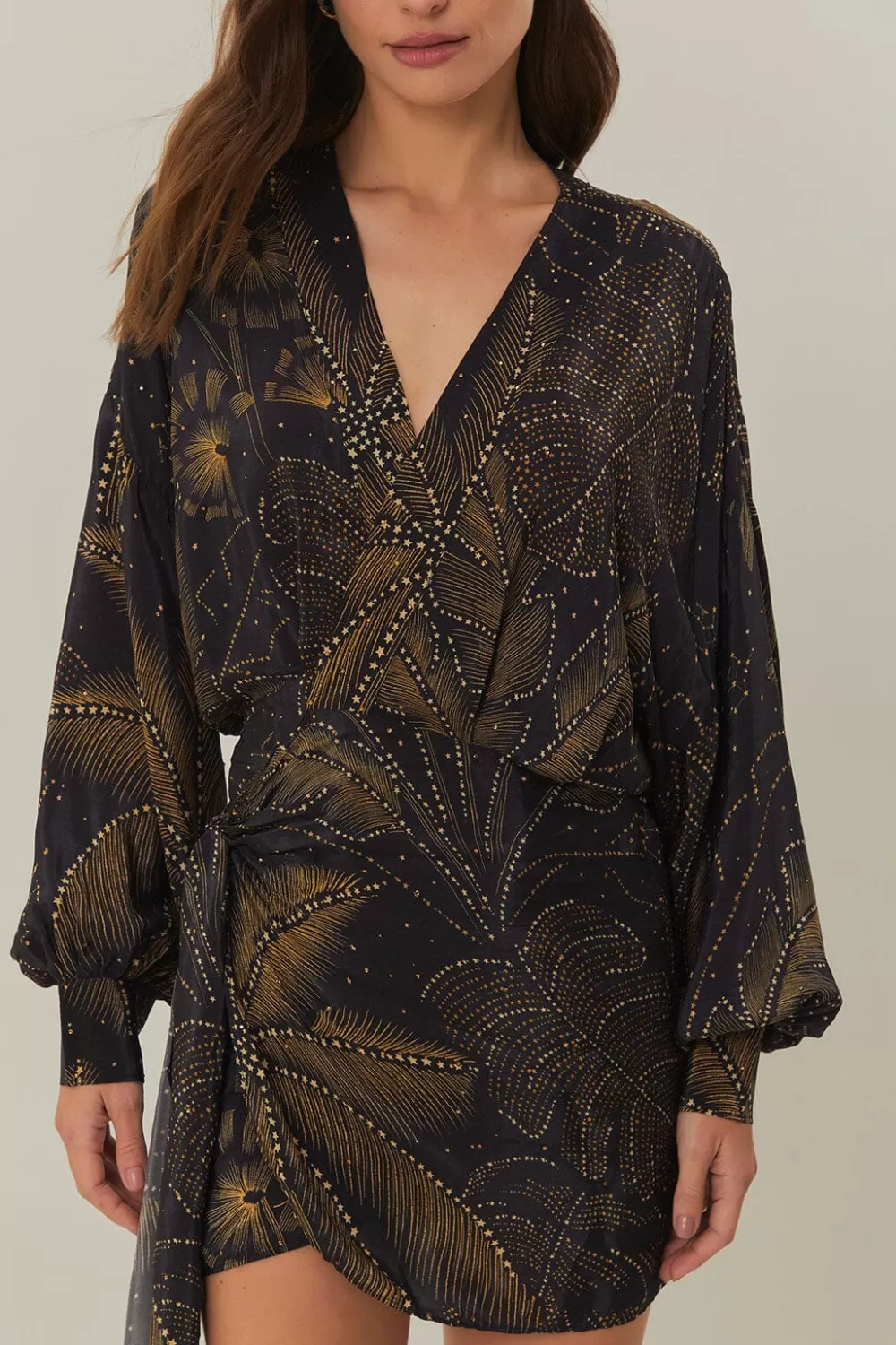 Black Golden Foliage Mini Dress Puffy Sleeve | FARM Rio Cheap