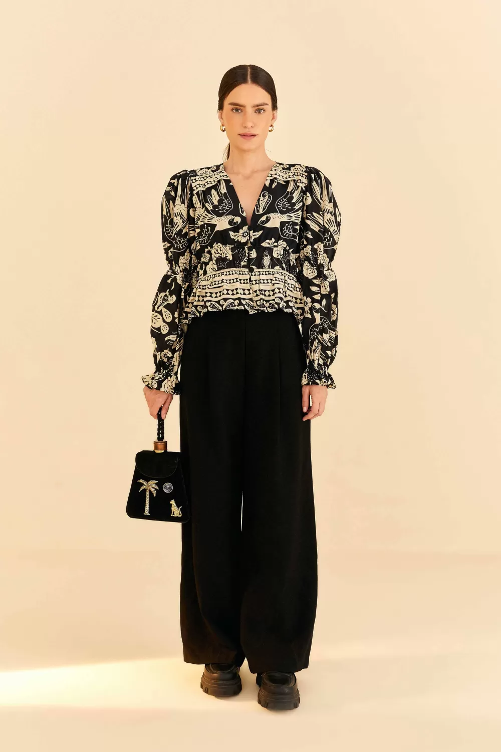Black Graphic Floral Blouse | FARM Rio Cheap