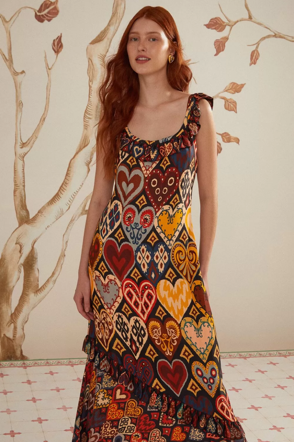 Black Hearts Ikat LENZING™ ECOVERO™ Viscose Maxi Dress | FARM Rio Outlet