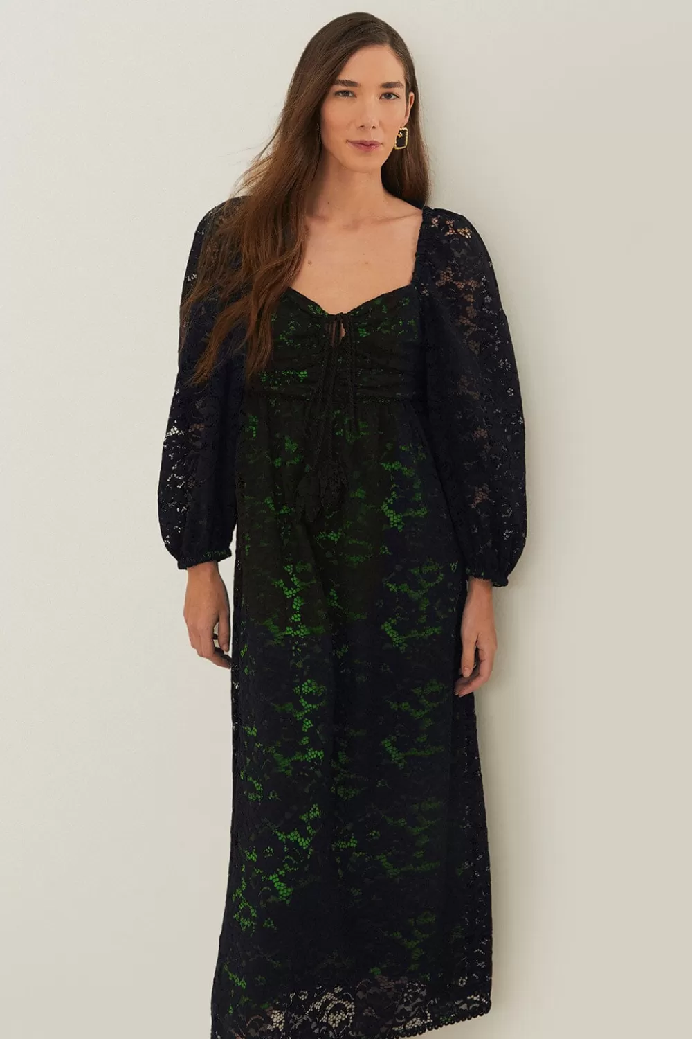 Black Lace Long Sleeve Midi Dress | FARM Rio Hot