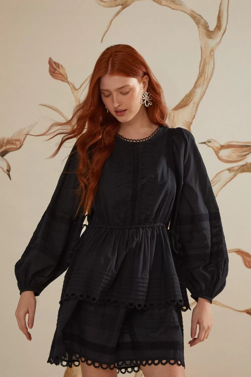 Black Lace Long Sleeve Mini Dress | FARM Rio Best