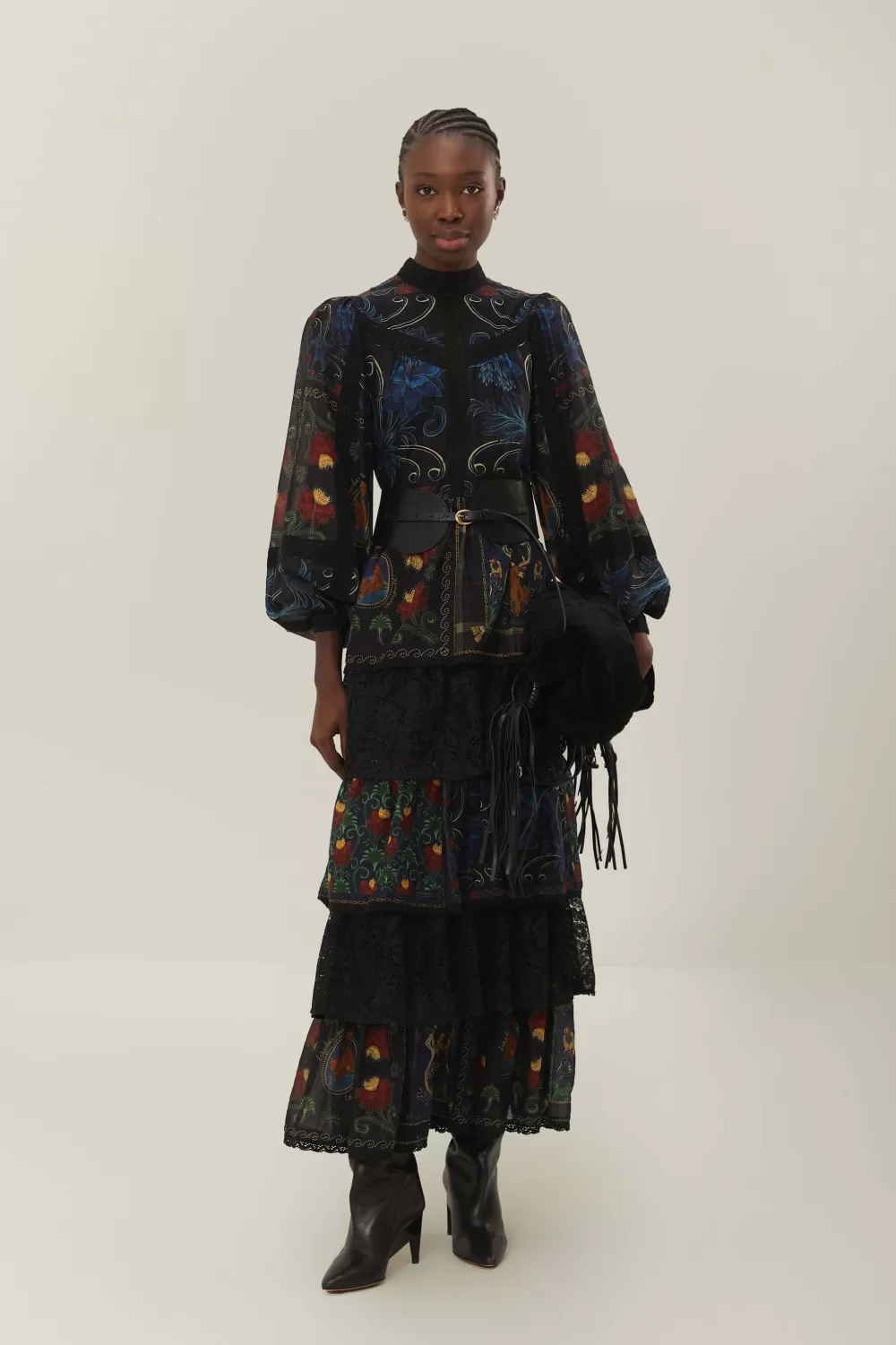 Black Mixed Arabesque Scarves Long Sleeve Maxi Dress | FARM Rio Sale