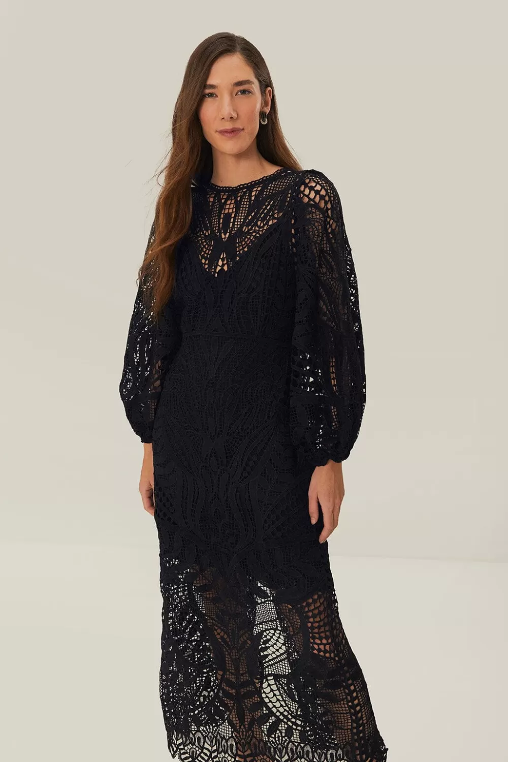 Black Nature Guipure Midi Dress | FARM Rio Flash Sale