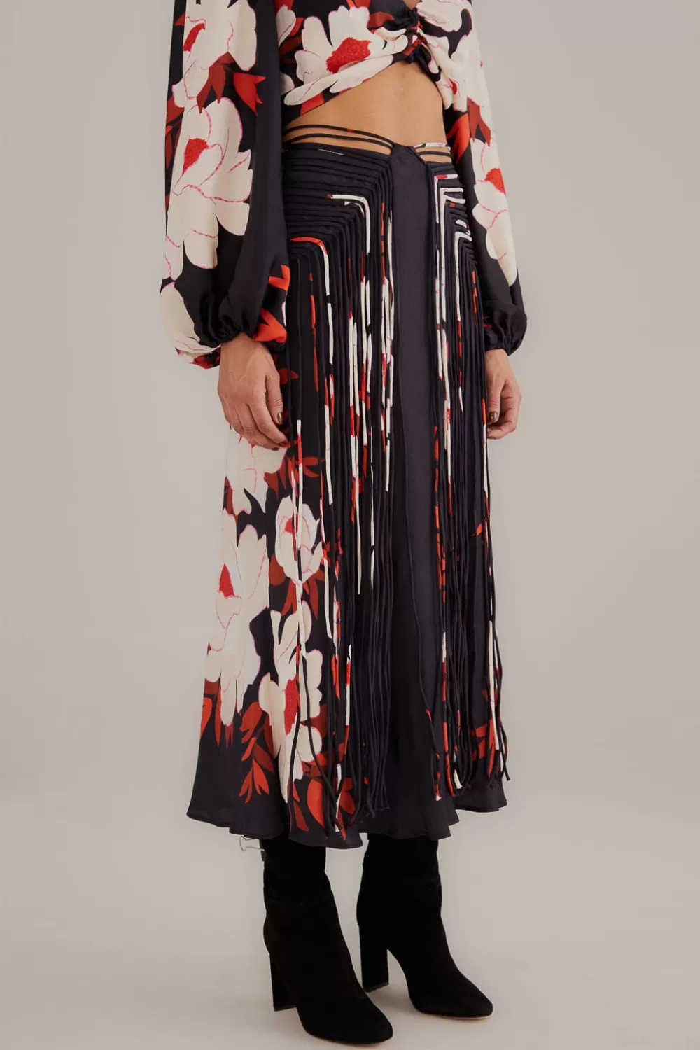 Black Peony Fringe Midi Skirt | FARM Rio Discount