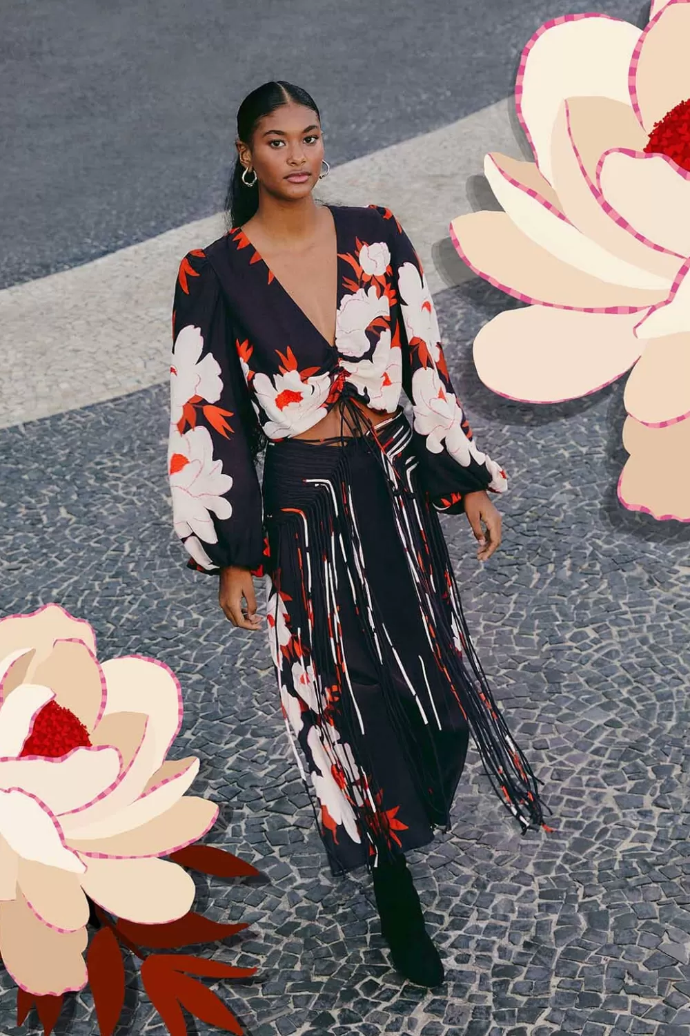 Black Peony Fringe Midi Skirt | FARM Rio Discount