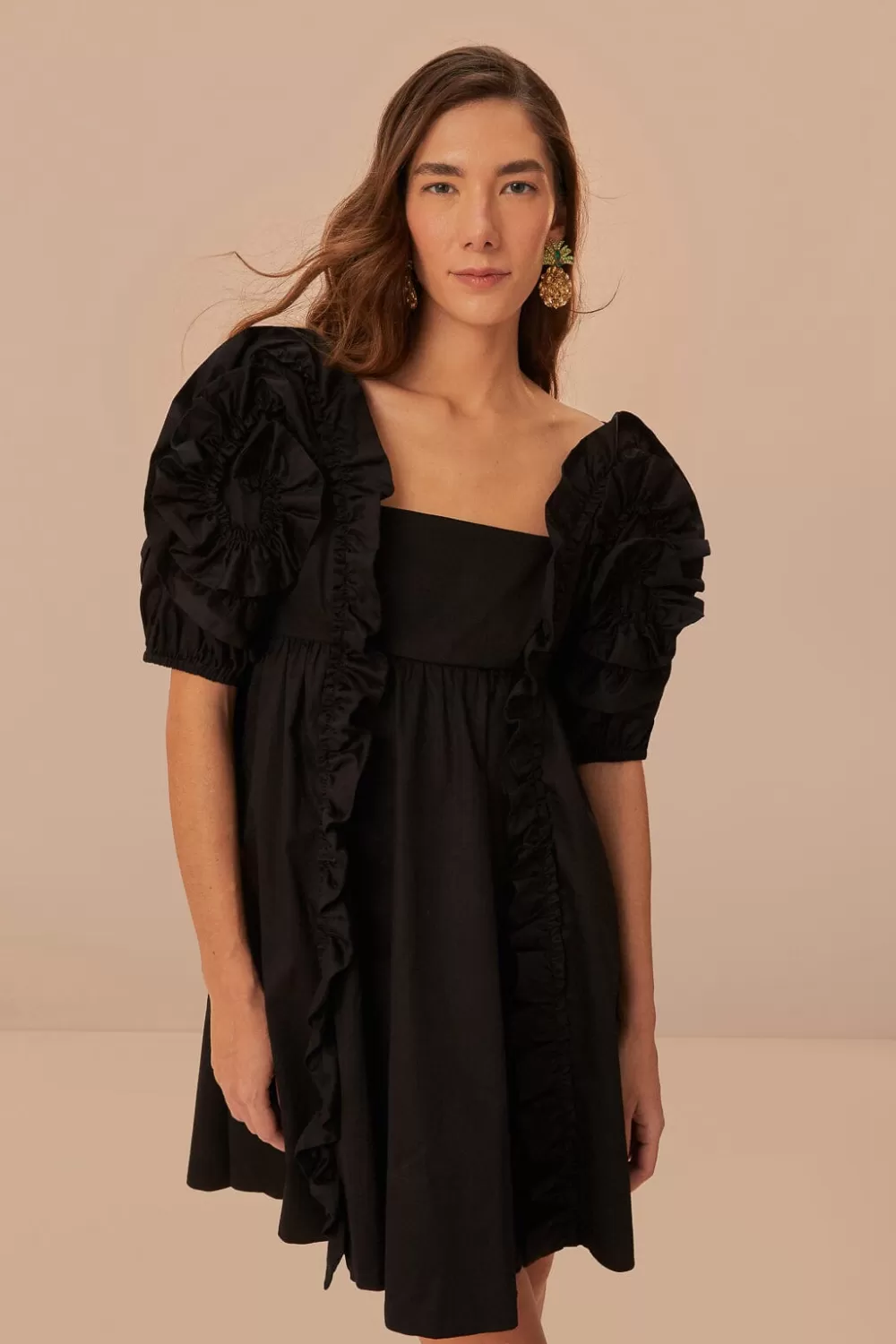 Black Ruffle Short Sleeve Mini Dress | FARM Rio Cheap