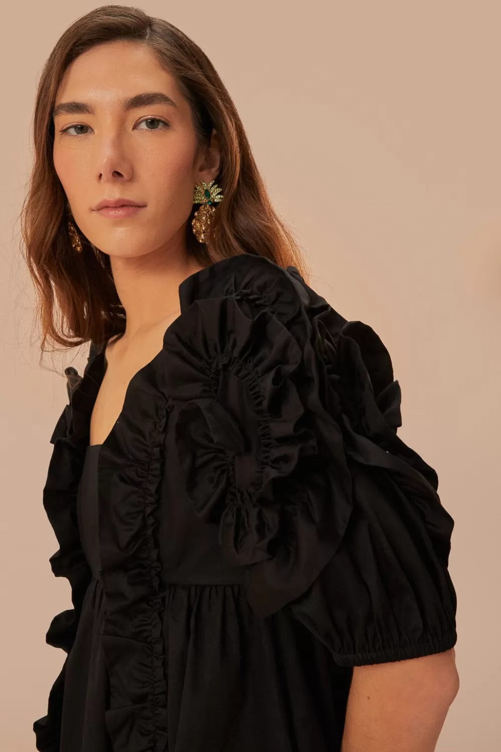Black Ruffle Short Sleeve Mini Dress | FARM Rio Cheap