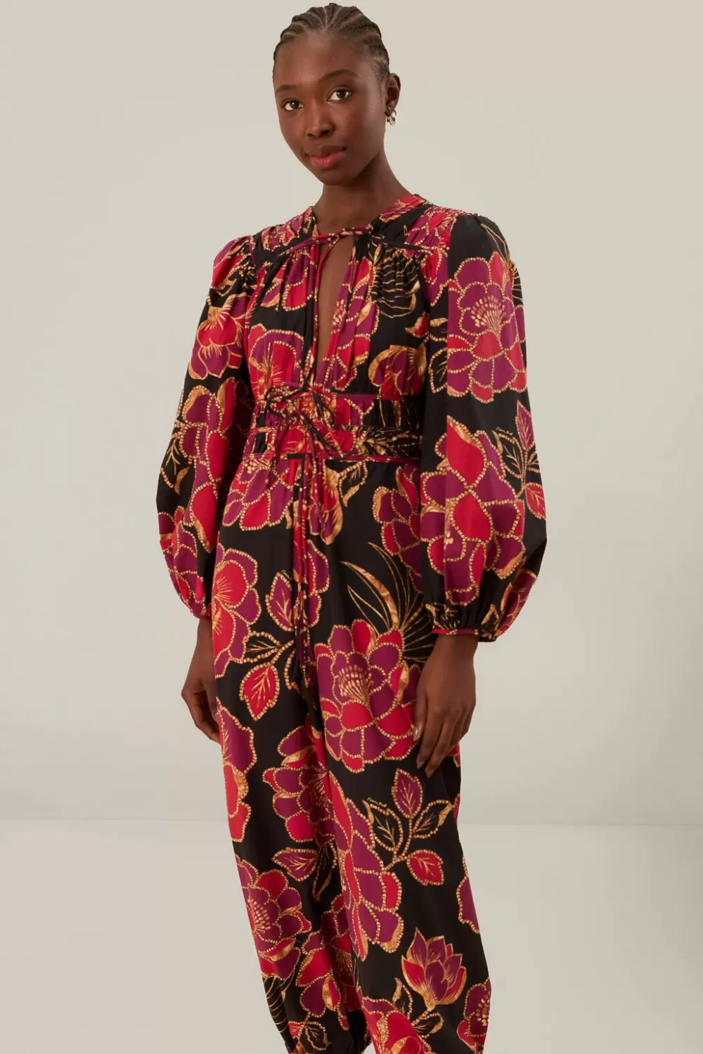 Black Shiny Chita Long Sleeve V Neckline Jumpsuit | FARM Rio Store