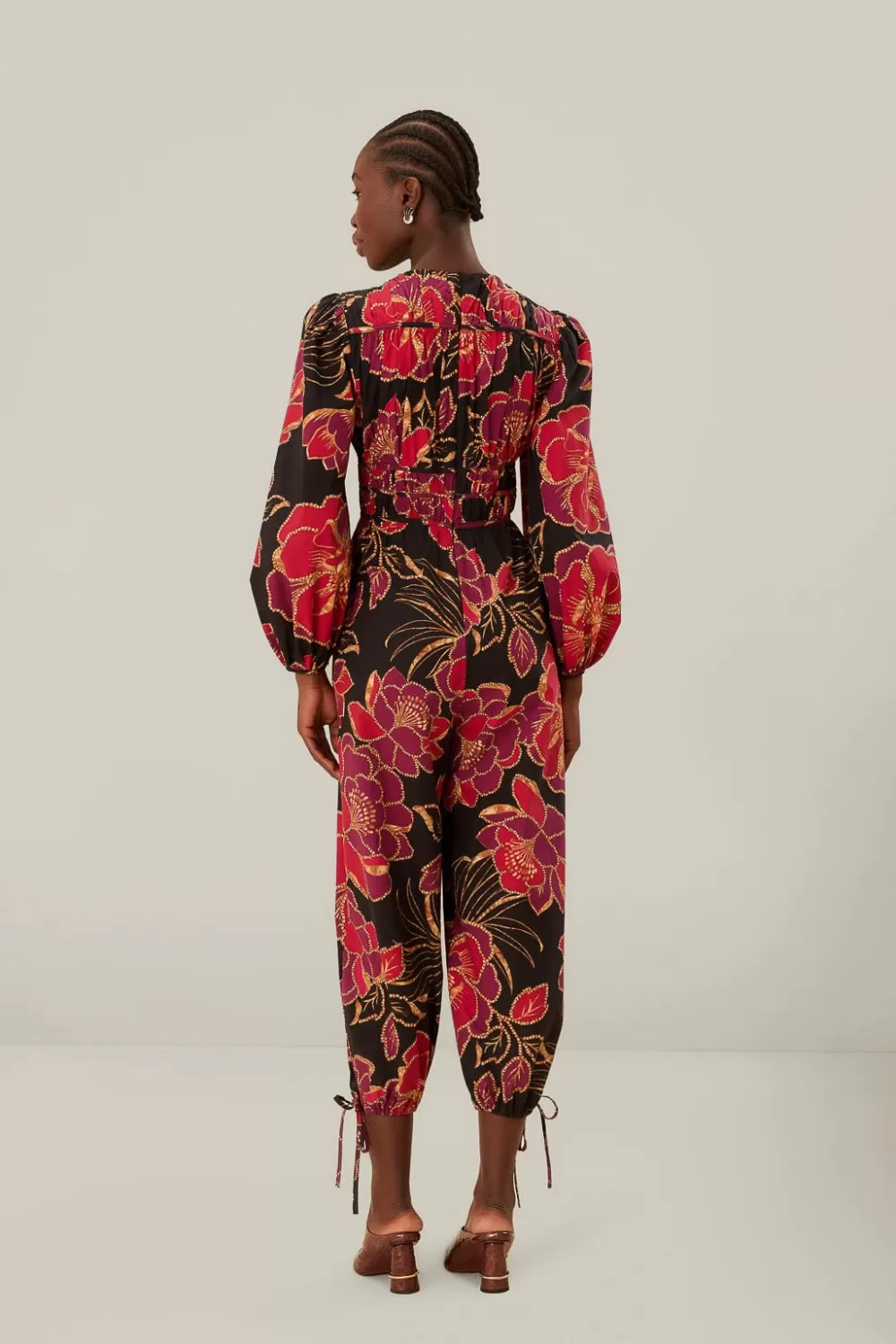 Black Shiny Chita Long Sleeve V Neckline Jumpsuit | FARM Rio Store
