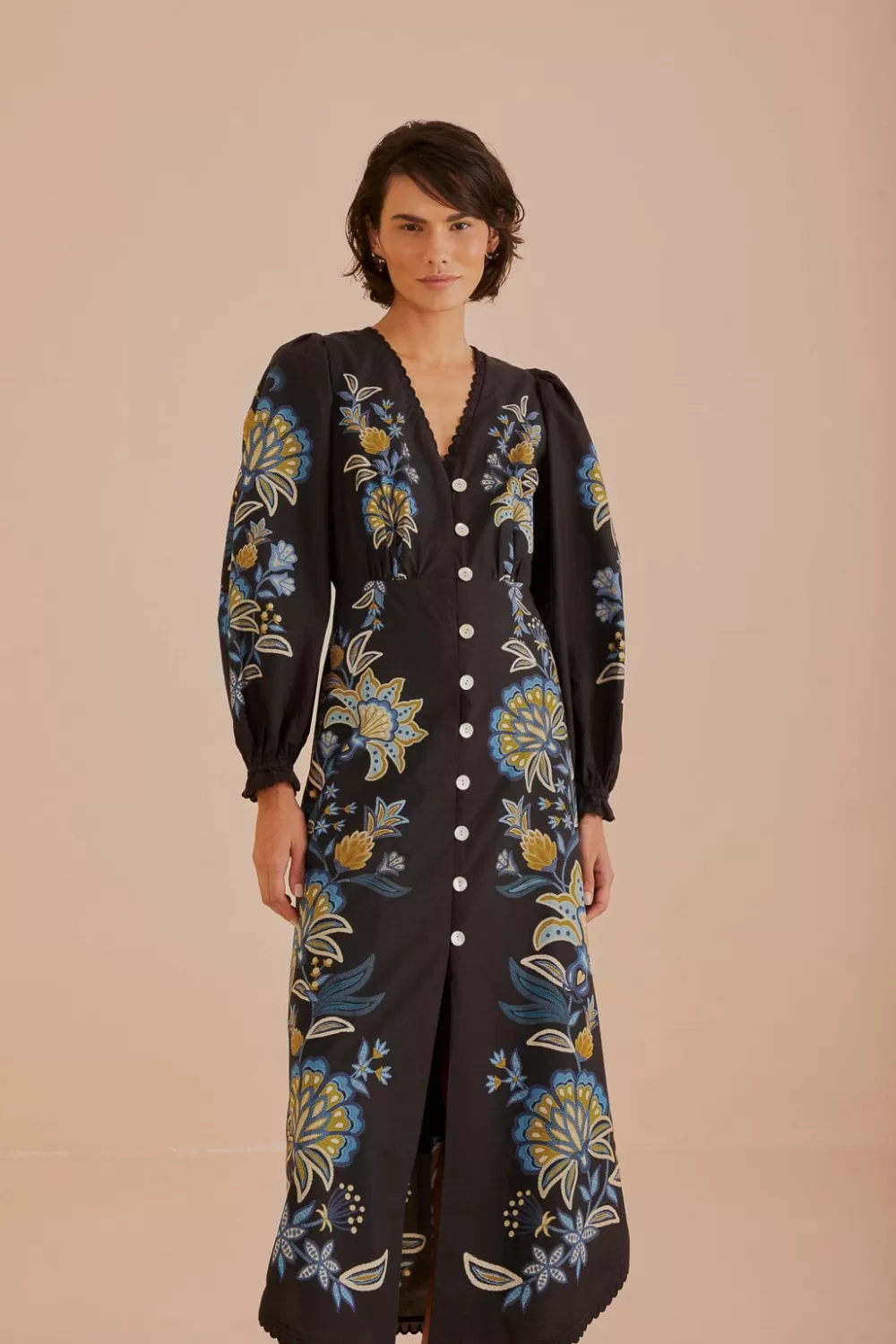 Black Stitched Garden Organic Cotton Midi Dress | FARM Rio Best