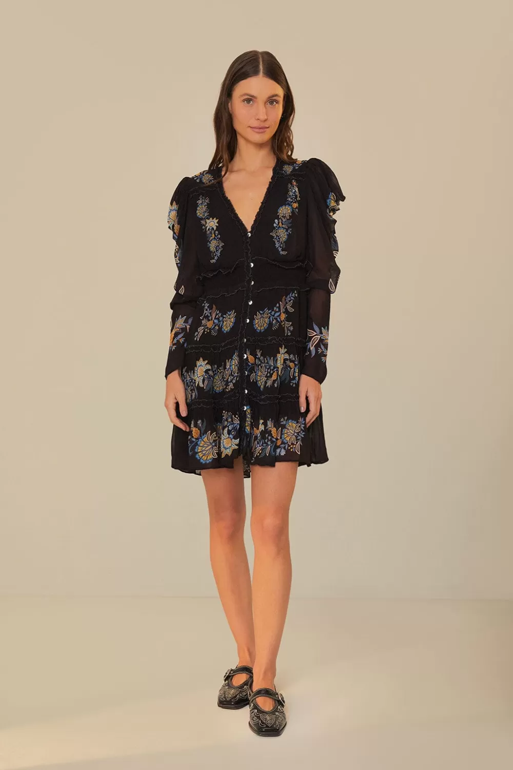 Black Stitched Garden Short Sleeve Midi Dress | FARM Rio New