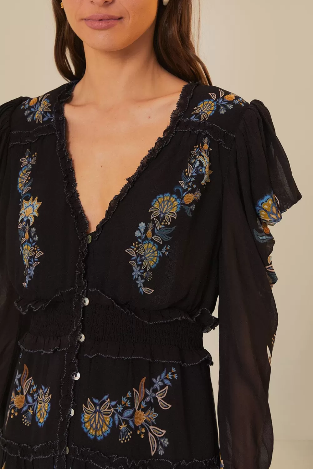Black Stitched Garden Short Sleeve Midi Dress | FARM Rio New