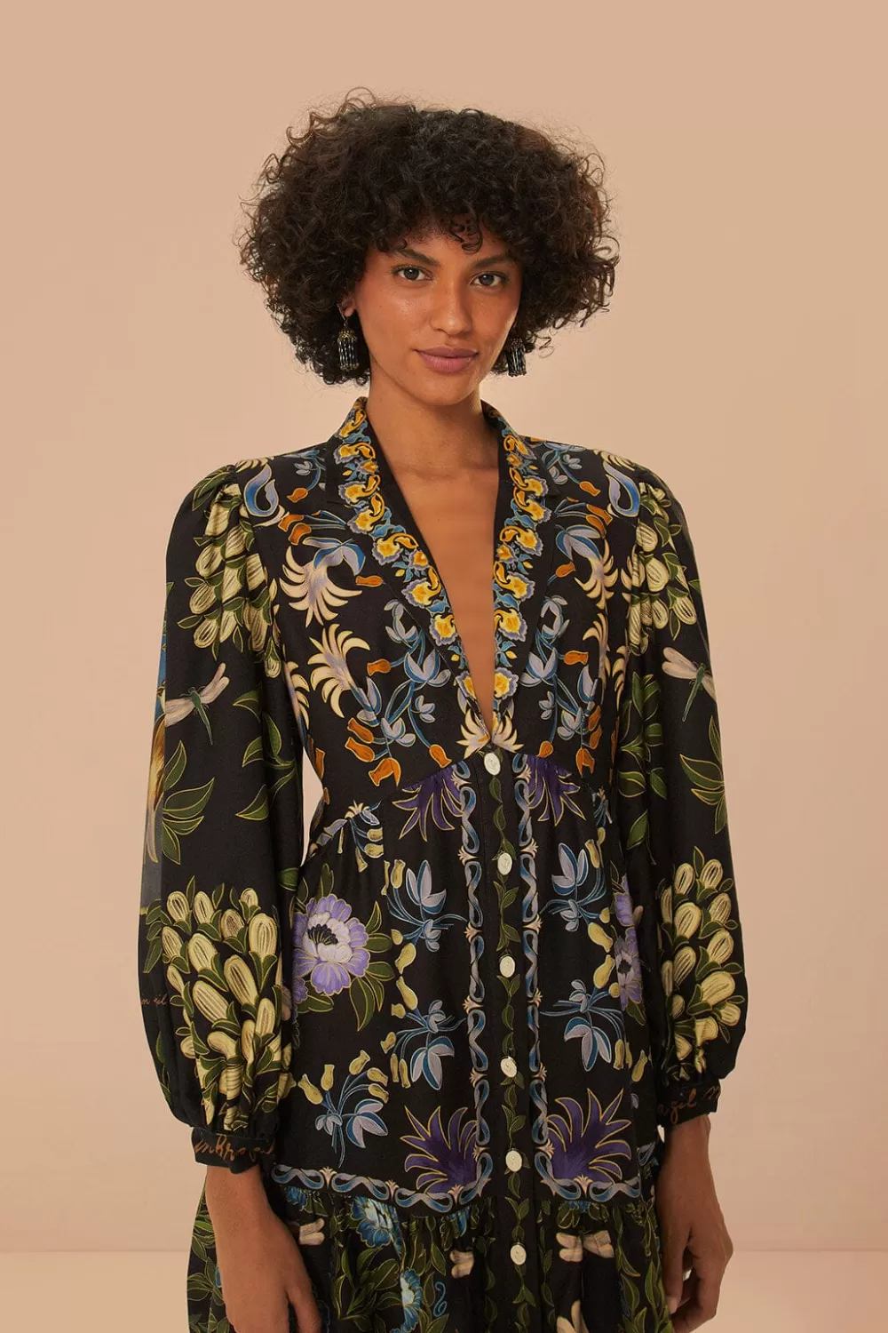 Black Winter Garden Mini Dress Long Sleeves | FARM Rio New