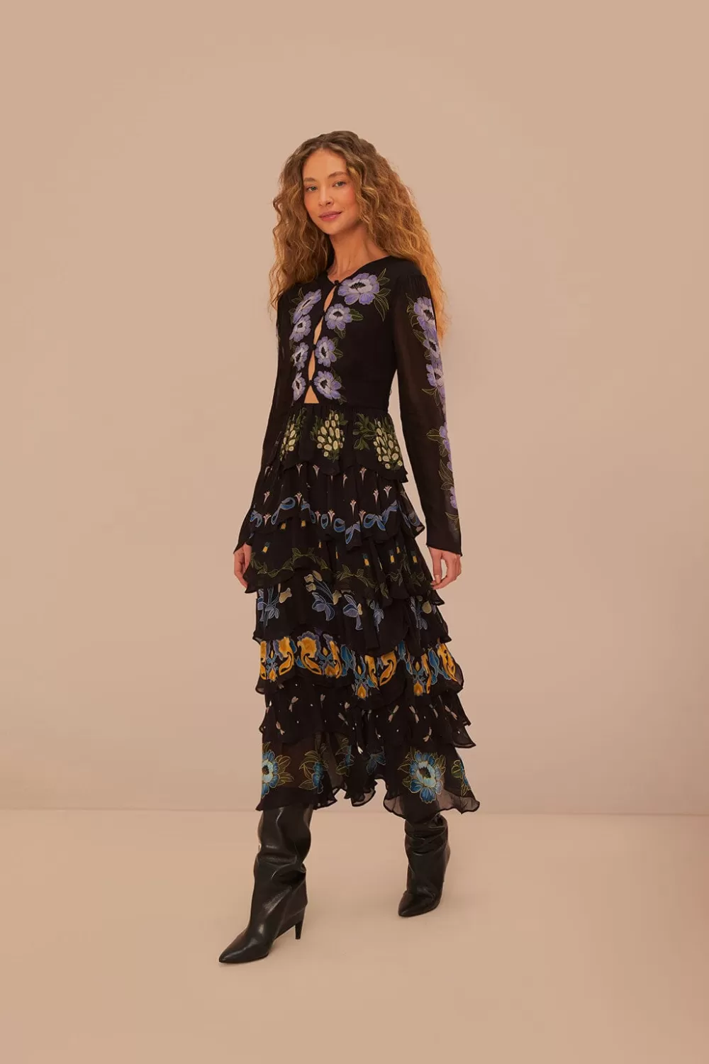 Black Winter Garden Ruffle Maxi Dress | FARM Rio Outlet