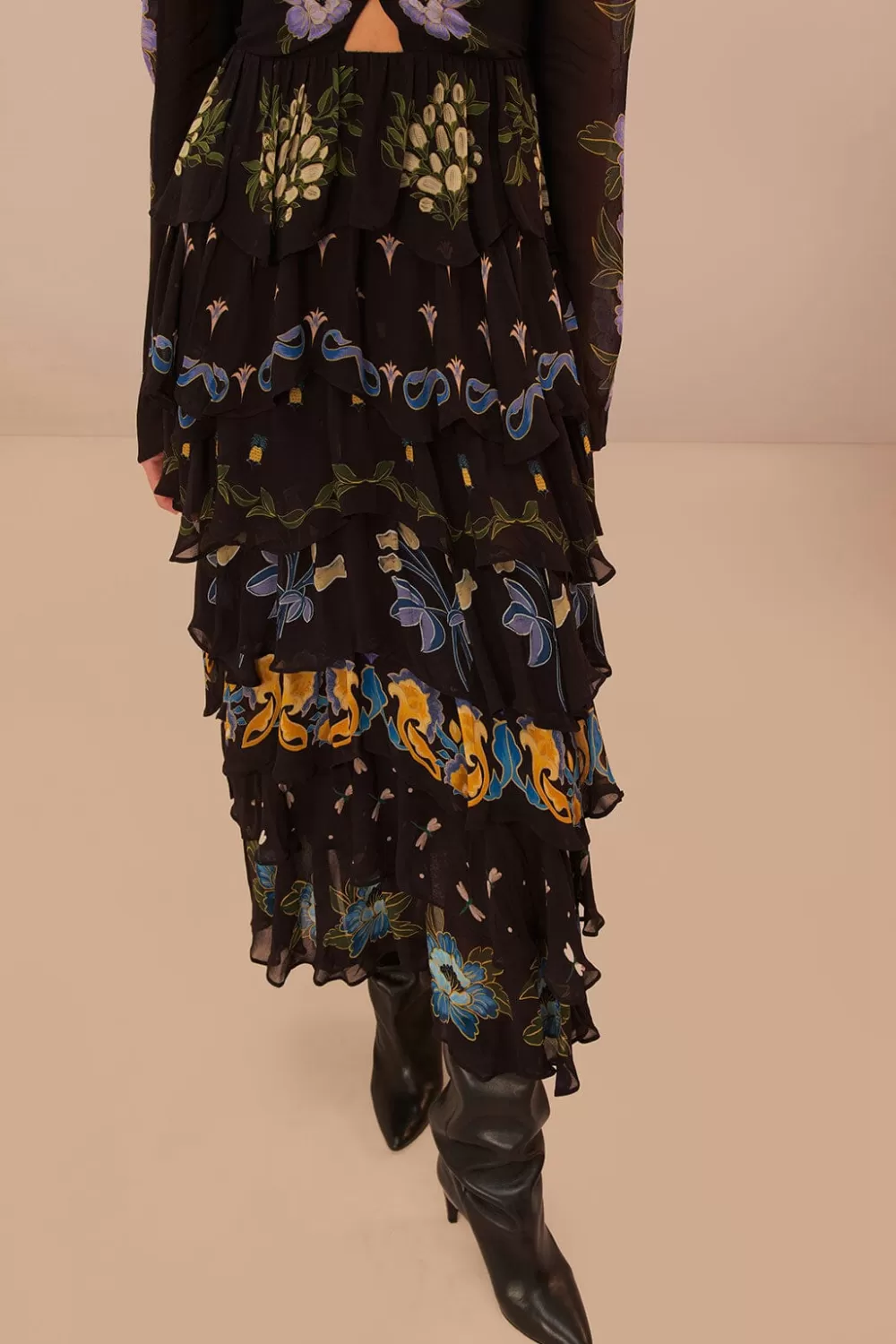 Black Winter Garden Ruffle Maxi Dress | FARM Rio Outlet
