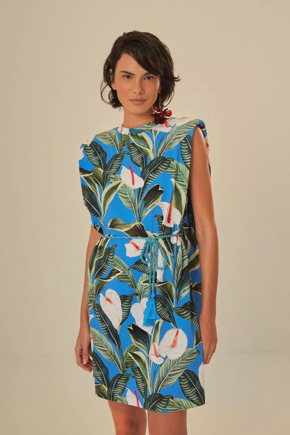 Blue Anthurium Garden Organic Cotton Mini T-Shirt Dress | FARM Rio Best