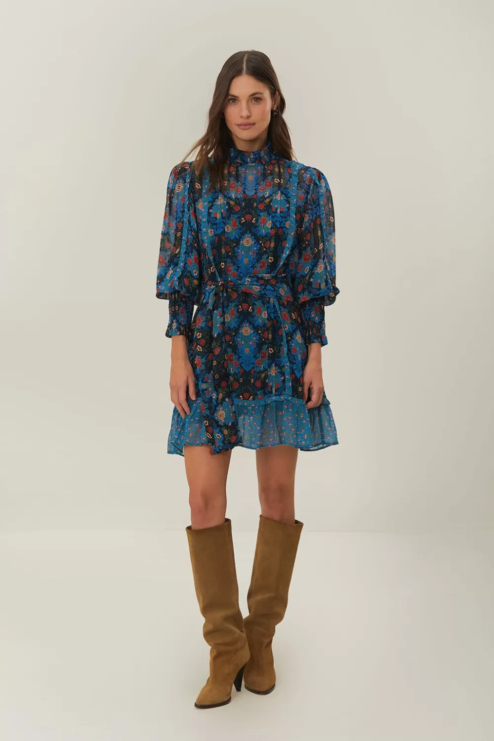 Blue Arabesque Floral High Neck Mini Dress | FARM Rio New