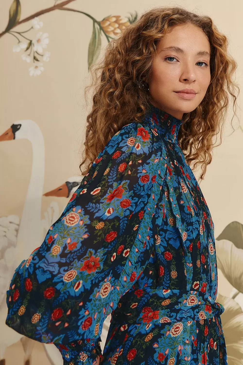 Blue Arabesque Floral High Neck Mini Dress | FARM Rio New