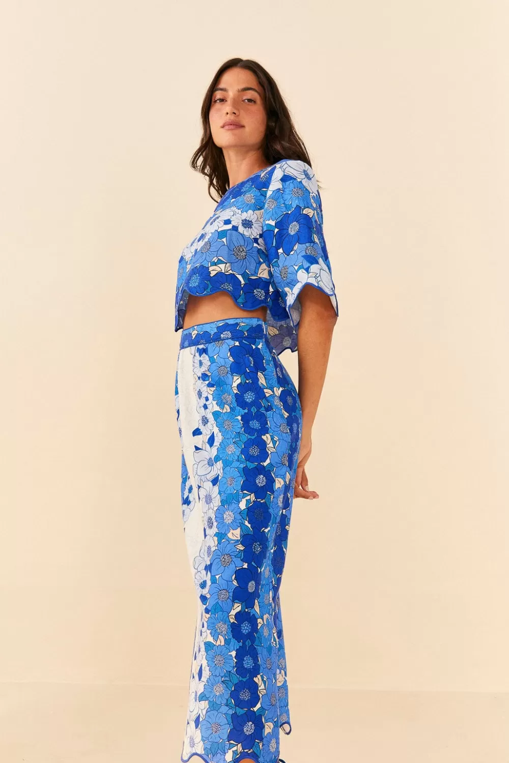 Blue Flower Stripes Midi Skirt | FARM Rio Fashion