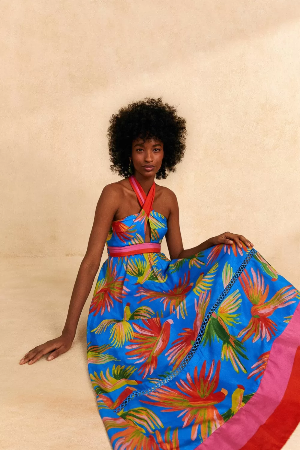 Blue Painted Birds Maxi Dress | FARM Rio Fashion