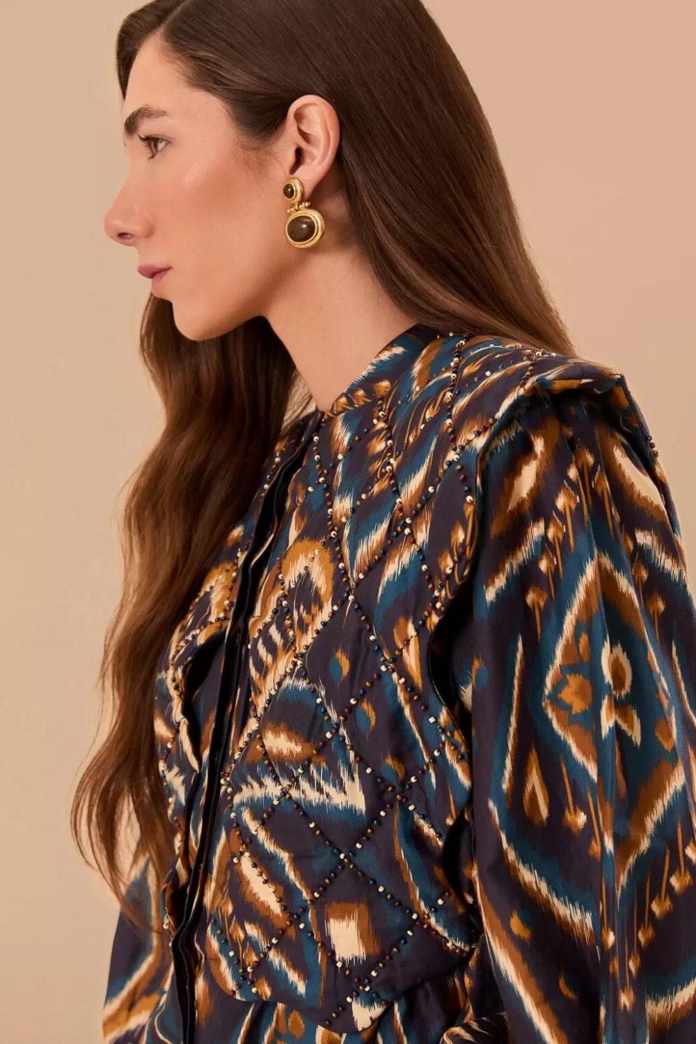 Blue Pineapple Ikat Long Sleeve Matelasse Blouse | FARM Rio Store