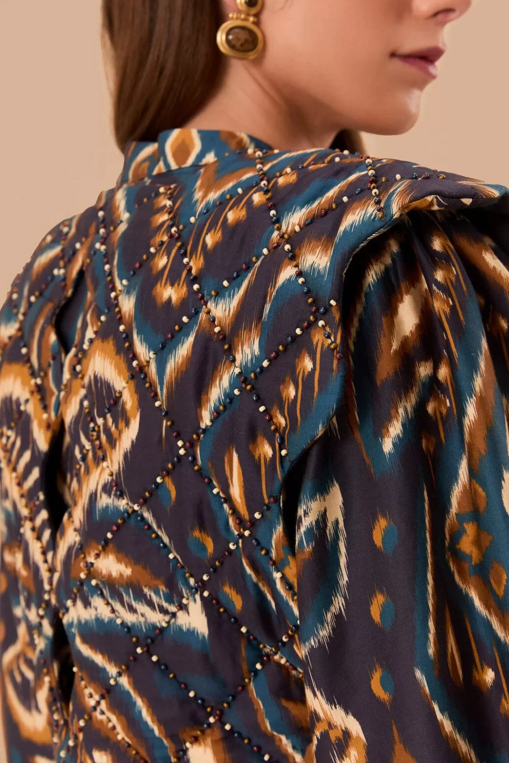 Blue Pineapple Ikat Long Sleeve Matelasse Blouse | FARM Rio Store