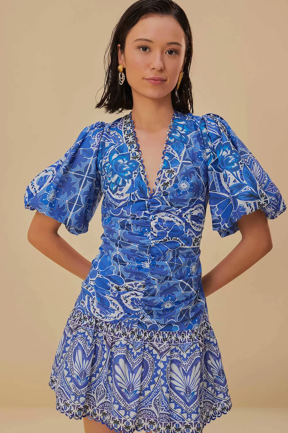 Blue Tile Dream Short Sleeve Mini Dress | FARM Rio New