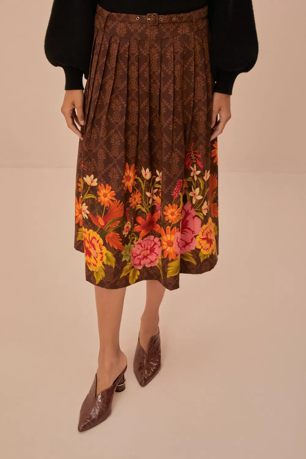 Brown Charming Garden Midi Skirt | FARM Rio Shop