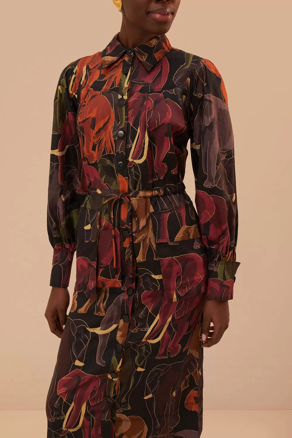 Brown Elephants Long Sleeve Midi Dress | FARM Rio Fashion