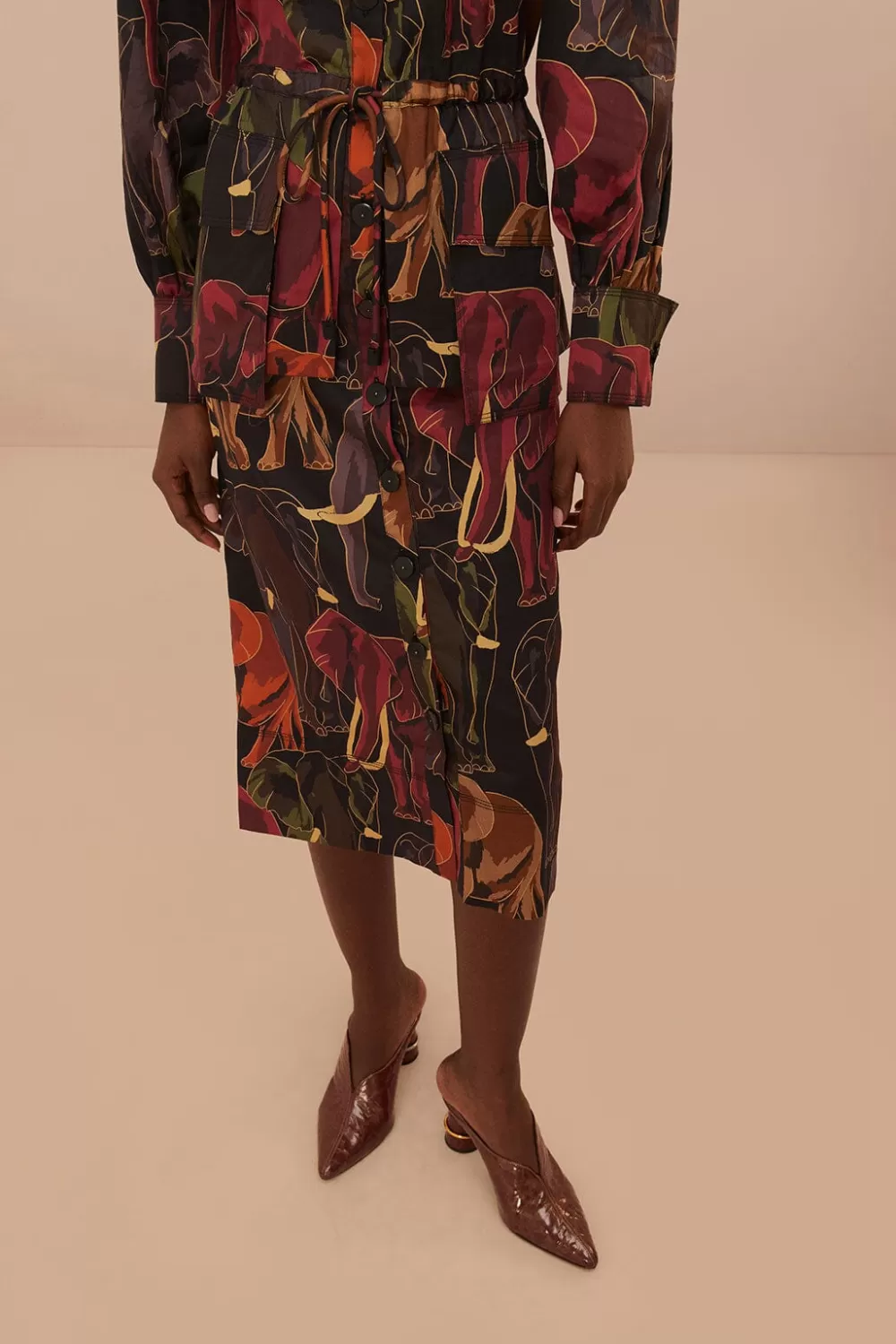 Brown Elephants Long Sleeve Midi Dress | FARM Rio Fashion