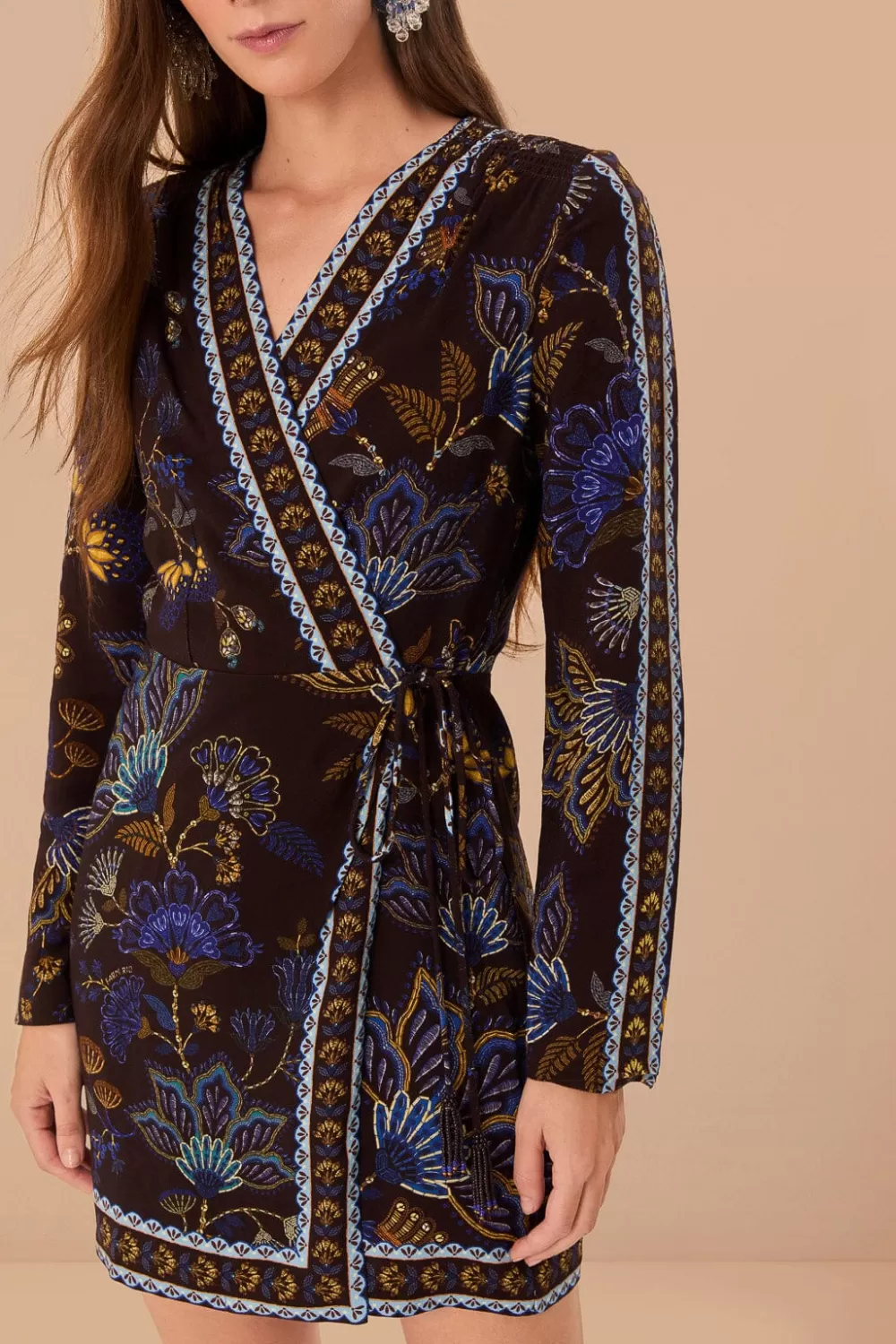 Brown Embroidered Garden LENZING™ ECOVERO™ Viscose Wrap Mini Dress | FARM Rio Shop