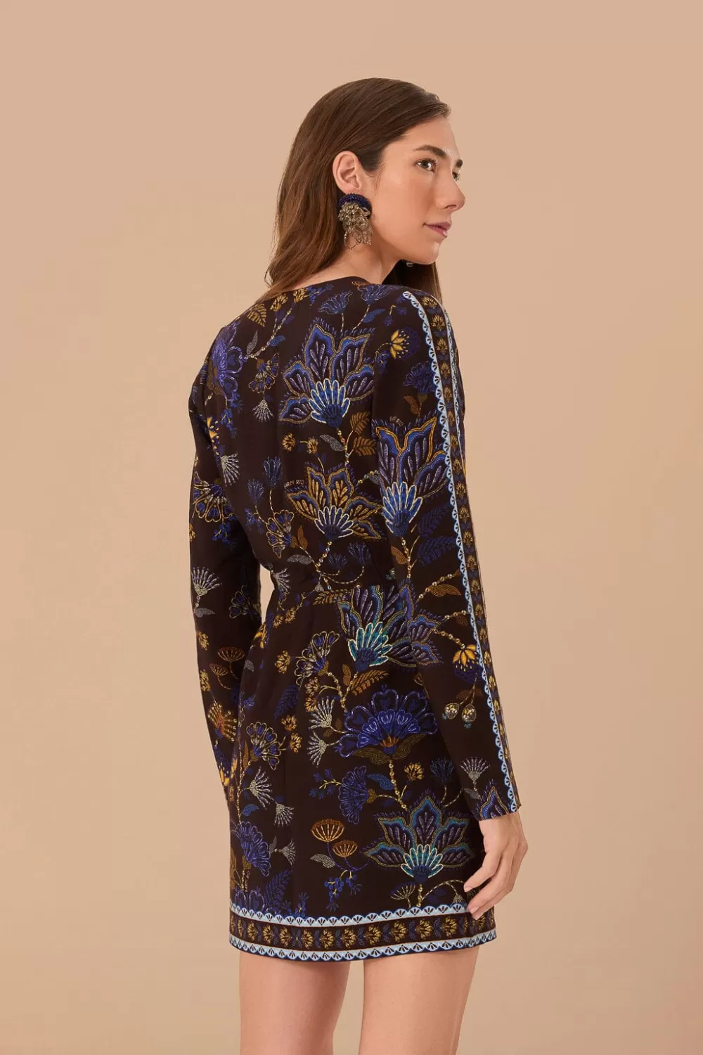 Brown Embroidered Garden LENZING™ ECOVERO™ Viscose Wrap Mini Dress | FARM Rio Shop
