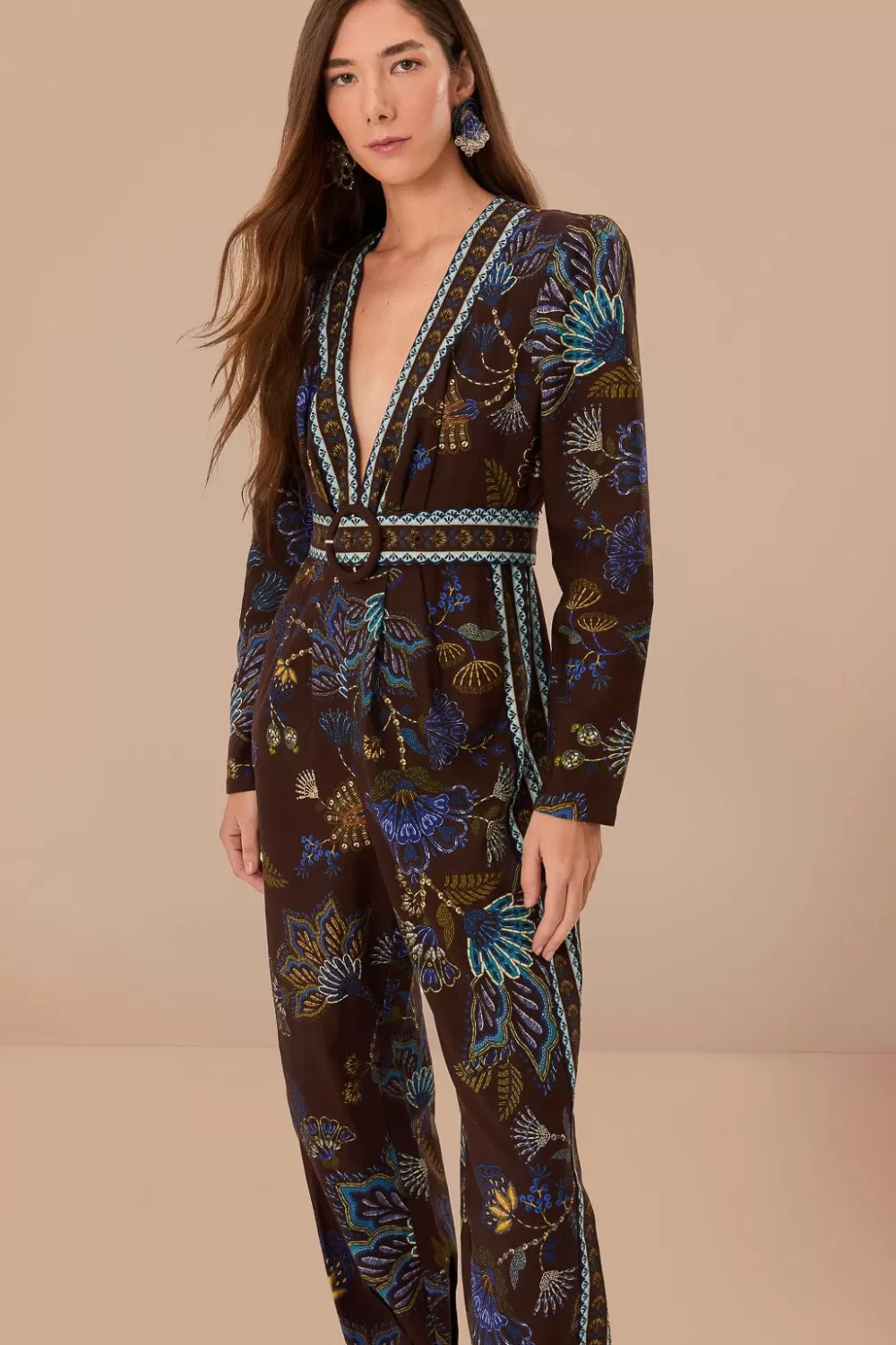 Brown Embroidered Garden V Neck Jumpsuit | FARM Rio Cheap