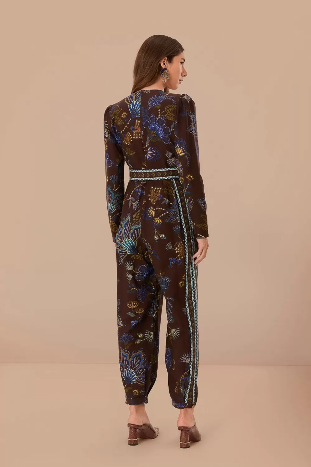 Brown Embroidered Garden V Neck Jumpsuit | FARM Rio Cheap