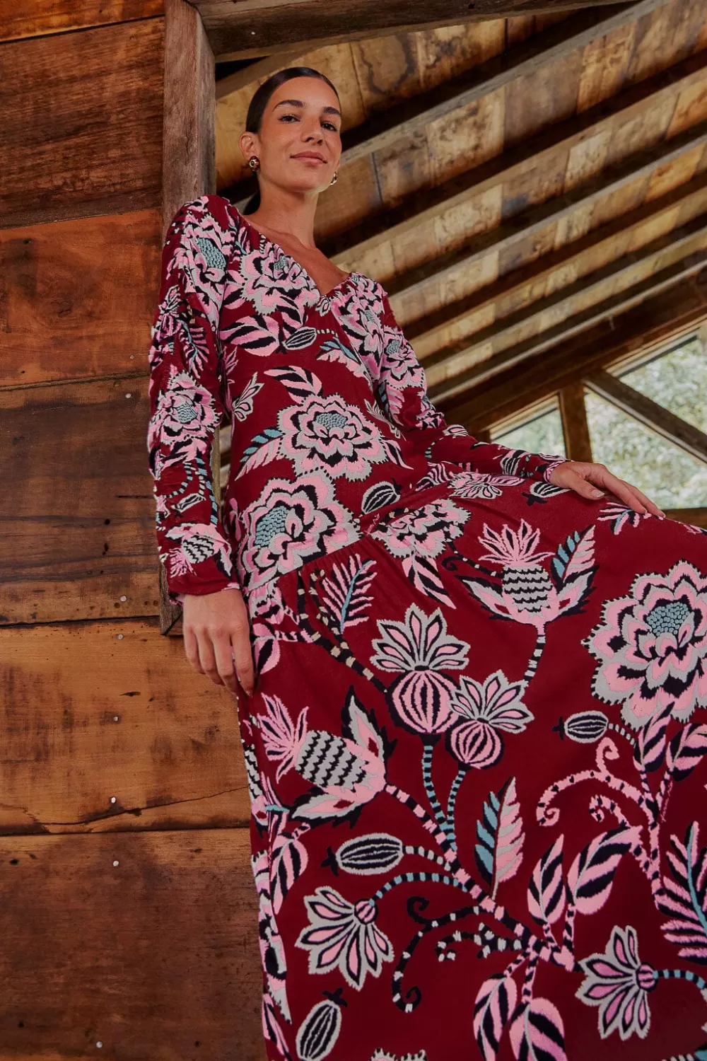 Burgundy Pineapple Inspiration V Neck Maxi Dress | FARM Rio Discount