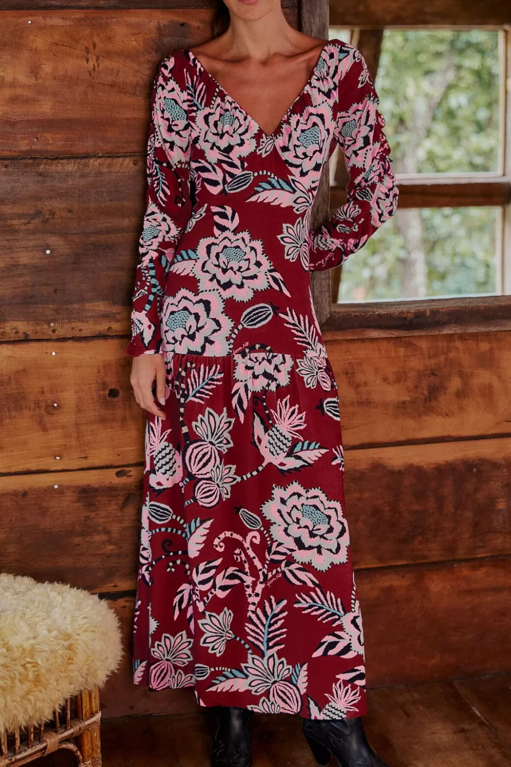 Burgundy Pineapple Inspiration V Neck Maxi Dress | FARM Rio Discount