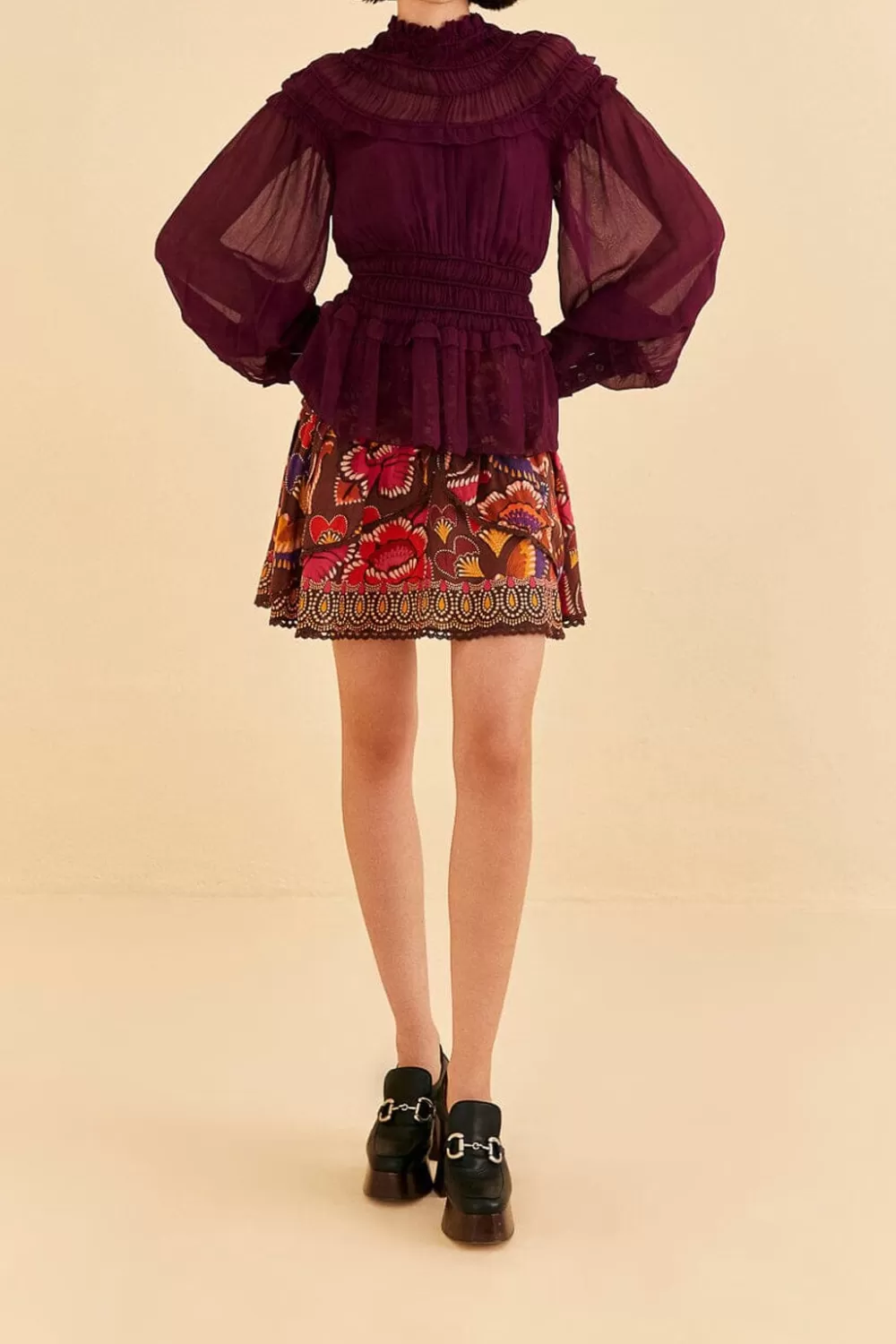 Burgundy Ruffle High Neck Blouse | FARM Rio Clearance